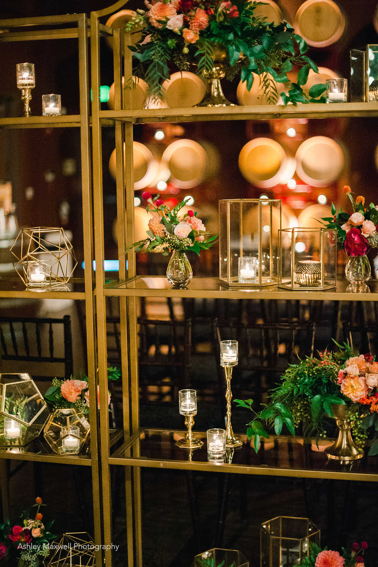 Gold shelves and geometric décor wedding design at Casa Real at Ruby Hill Winery (www.casarealevents.com).  Photo by Ashley Maxwell Photography; Florals, Rentals and Design: Asiel Design